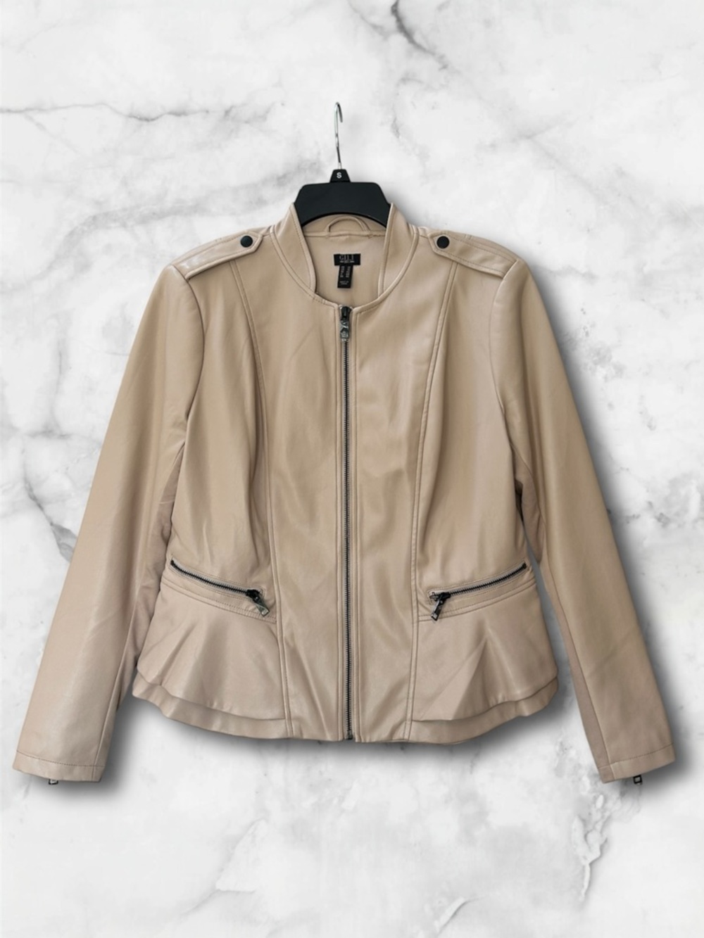 NWOT G.I.L.I. Got It Love It Faux Leather Double Peplum Jacket Blush Beige Sz 12 - Picture 2 of 15